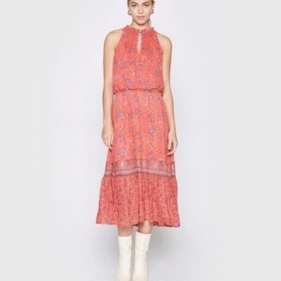 Joie 100% Silk Coral Pink Print Sheer Tiered Halter Midi Flowy Sundress Sz M - Picture 4 of 14